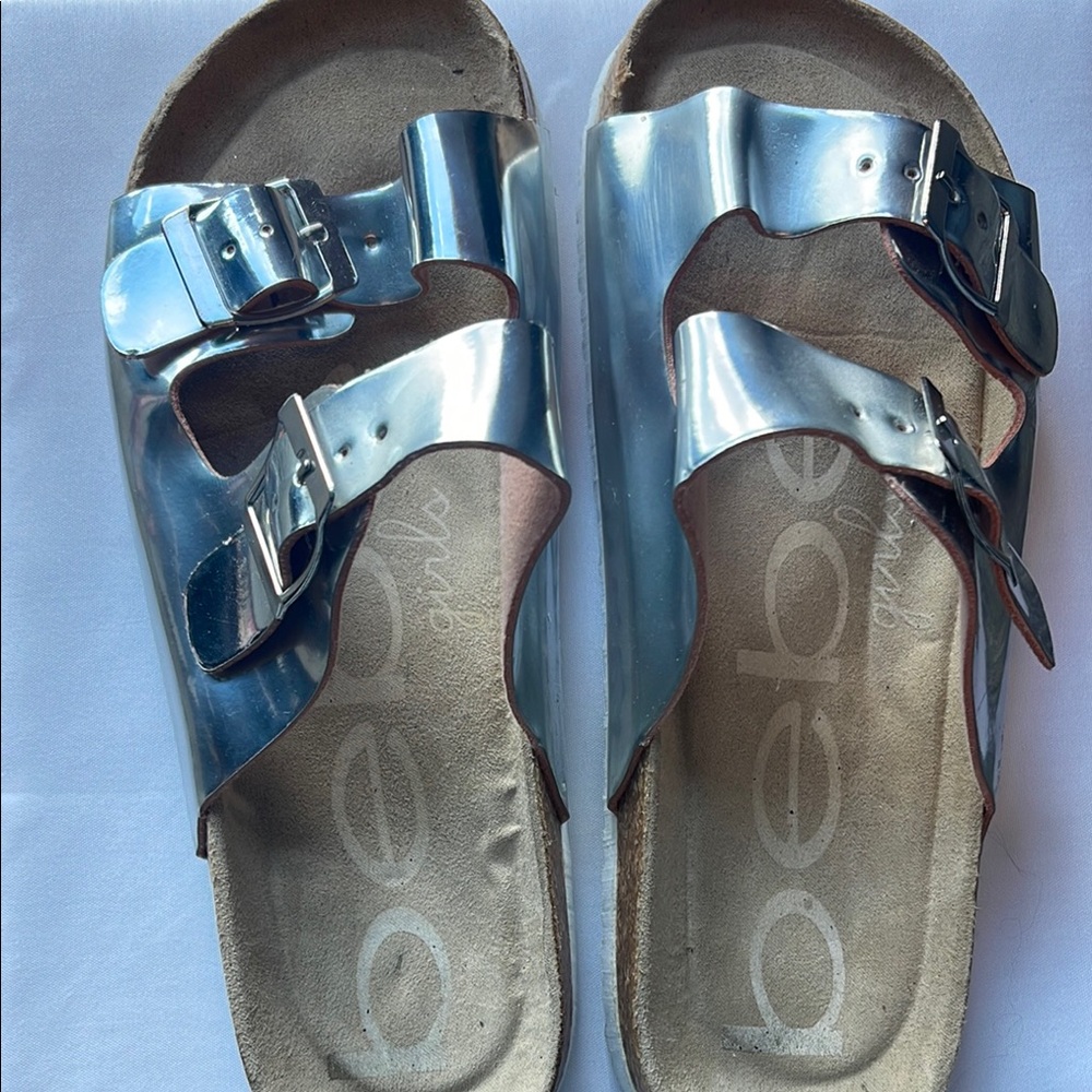 Bebe Shiny Silver Buckle Sandals